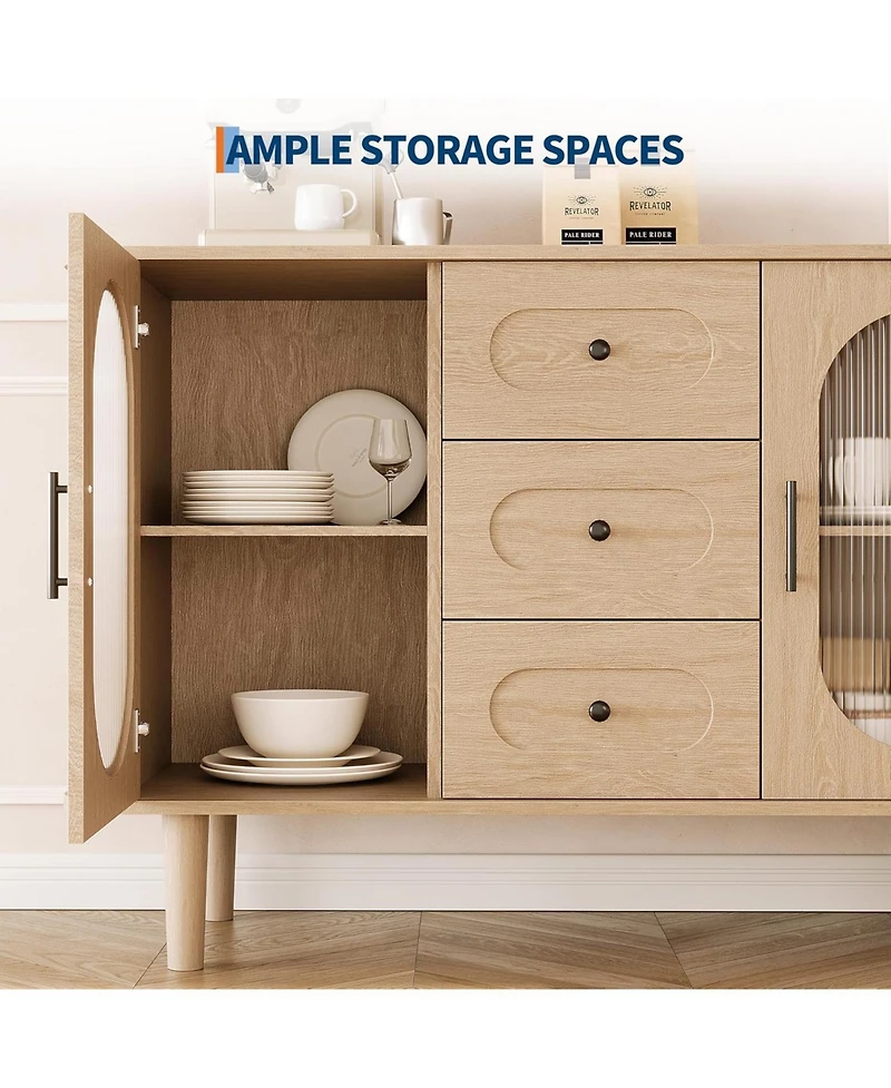 gaomon Sideboard with Fluted Glass Doors and 3 Drawers with Adjustable Shelves for Kitchen