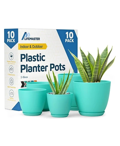 Lifemaster Planter Pots with Drainage Holes, Lightweight Durable Space-Saving Indoor Outdoor Plastic Planters