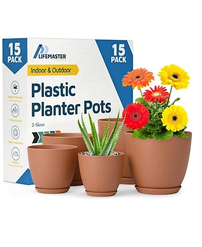 Lifemaster 15-pack terracotta plant pots with drainage & saucers, stackable, weatherproof for indoor/outdoor plants & flowers