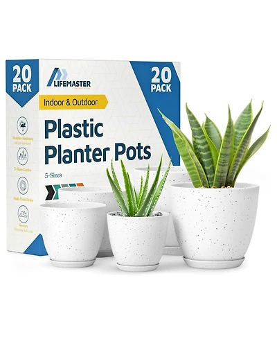 Lifemaster White Gray Plant Pots 20 Pack with Drainage Holes & Saucers, Stackable Indoor & Outdoor Planters