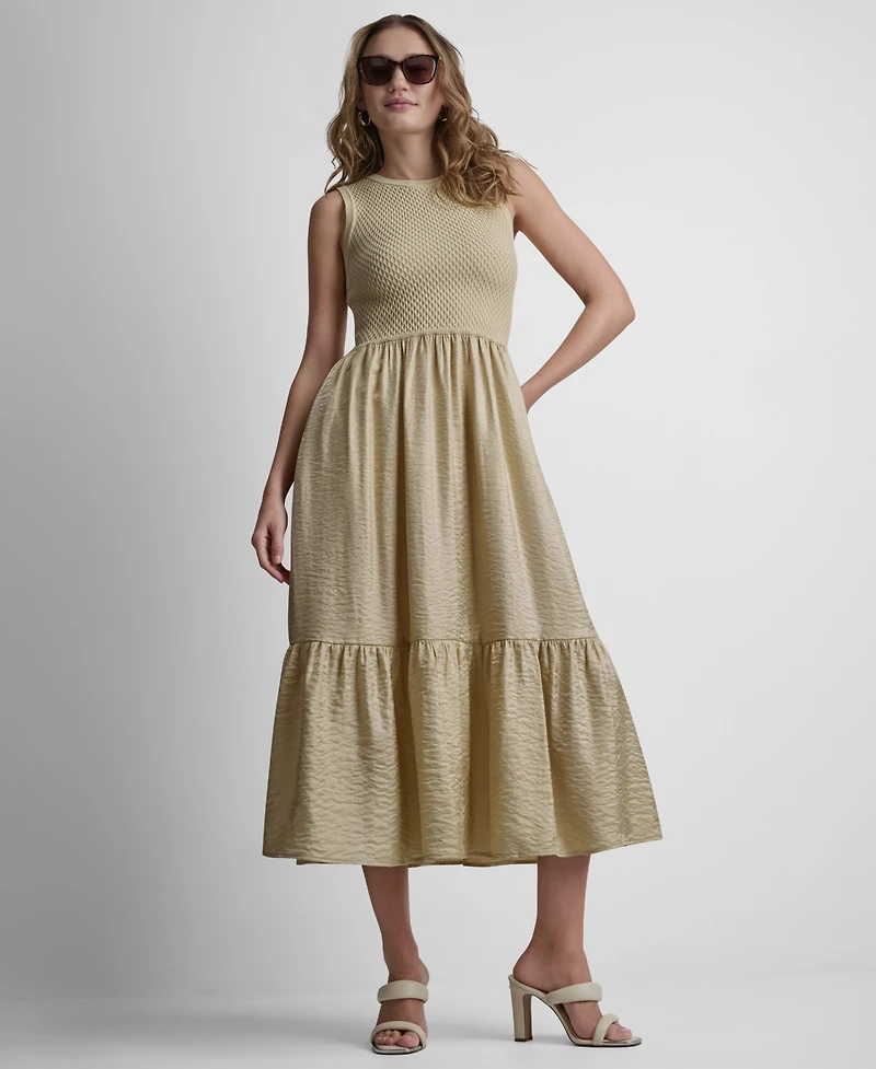 Dkny Women's Sleeveless Sweater Top Mixed Media Midi Dress