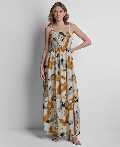 Dkny Women's Sleeveless Straight Neck Smocked Rumple Dress
