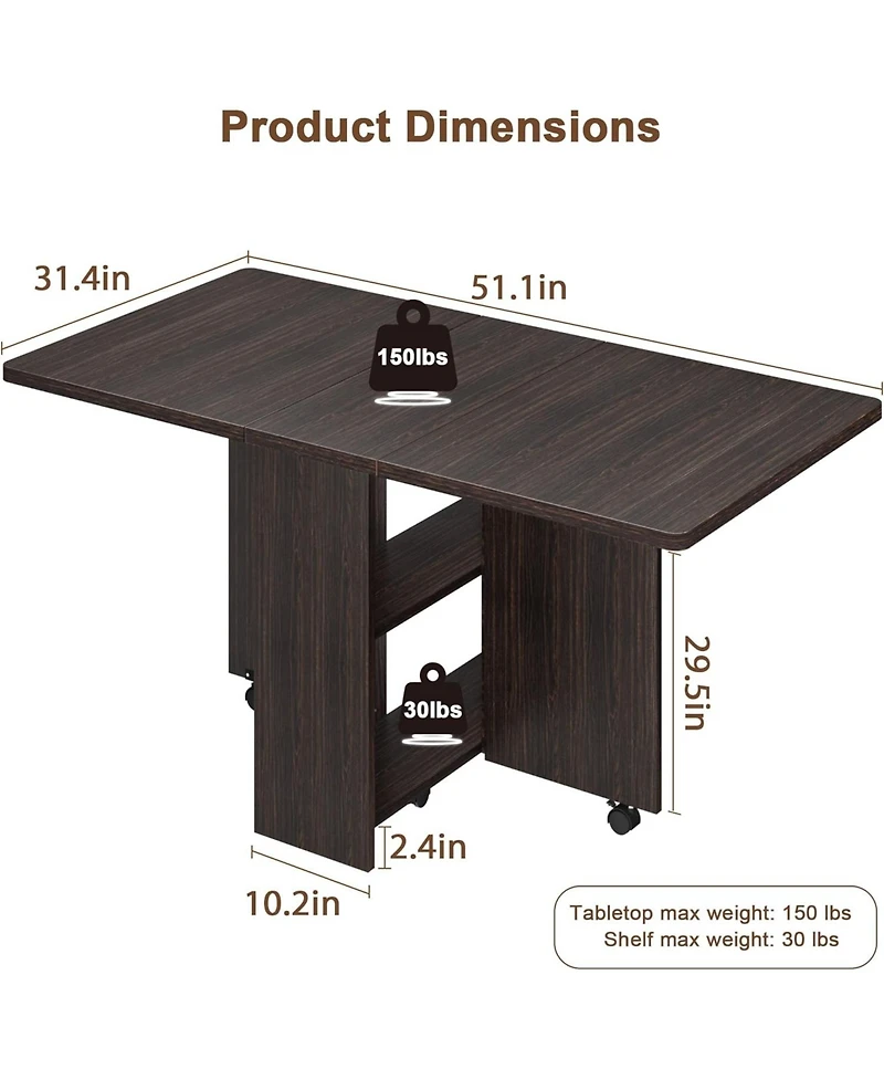 gaomon Folding Drop Leaf Dining Table with 6 Wheels & 2-Tier Storage Shelf, Space-Saving Table for Small Spaces