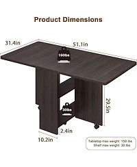 gaomon Folding Drop Leaf Dining Table with 6 Wheels & 2-Tier Storage Shelf, Space-Saving Table for Small Spaces