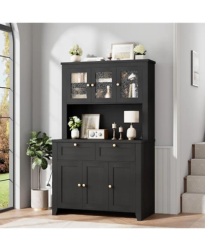 gaomon 66" Tall Kitchen Pantry Cabinet, Modern Hutch with Charging Station, Large Coffee Bar Storage Cabinet Glass Doors and Drawers