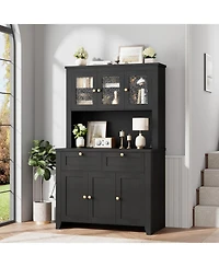 gaomon 66" Tall Kitchen Pantry Cabinet, Modern Hutch with Charging Station, Large Coffee Bar Storage Cabinet Glass Doors and Drawers