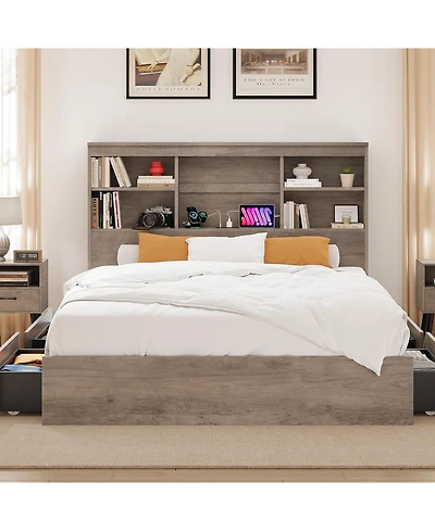 gaomon Queen Bed Frame with Storage Headboard & 4 Drawers, Wood Platform Bed with Charging Station,No Box Spring,Vintage