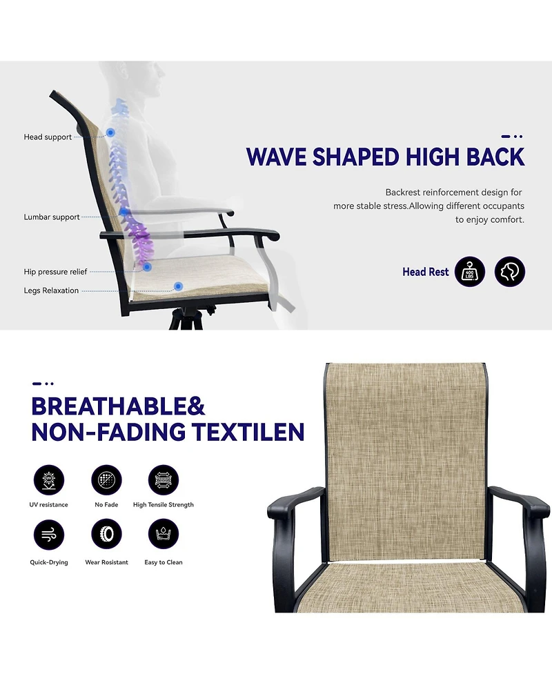 Mondawe 2-Piece Outdoor Swivel Dining Chairs, 360° Rotating with Ergonomic Armrests, Textilene All-Weather Patio Chairs