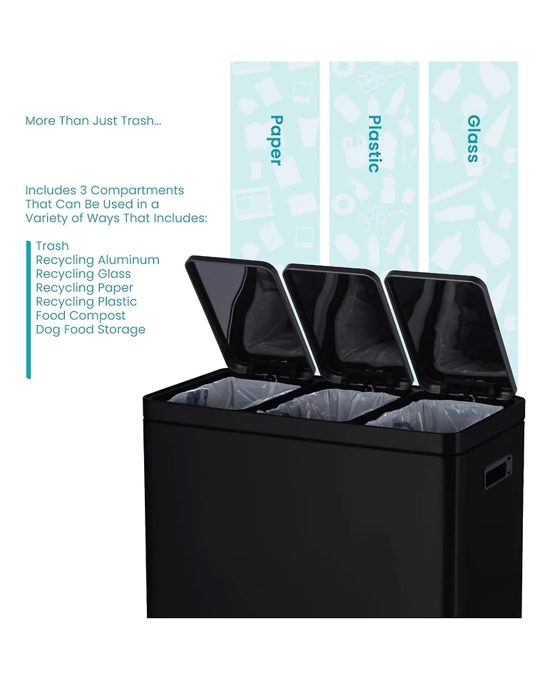 Home Zone Living 16 Gallon Stainless Steel Triple Trash and Recycling Can with Soft Close Lids and Step Pedals
