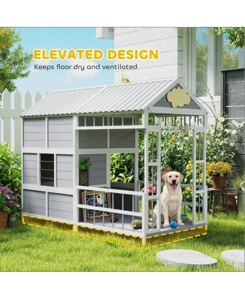 6thdruple Large Outdoor Gray Wooden Dog House with Covered Porch, Waterproof Roof, Elevated Pet Kennel Shelter for Large Dogs