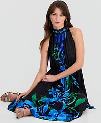 T Tahari Women's Printed High-Neck Pleated Maxi Dress