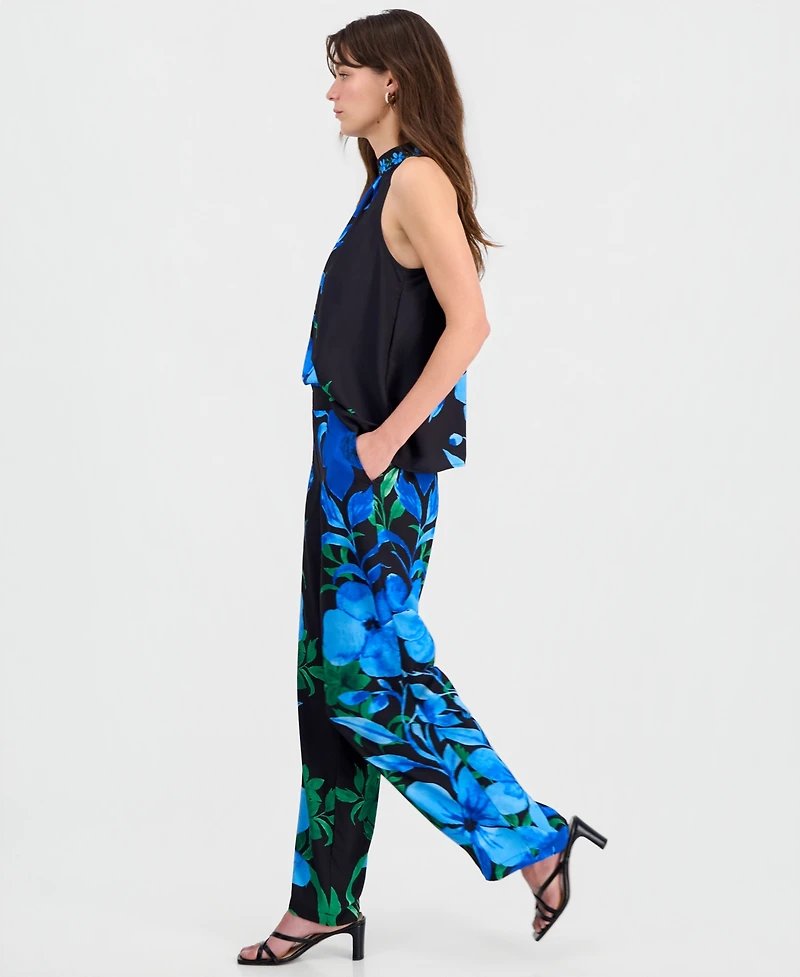 T Tahari Women's Floral-Print Pull-On Straight Pants