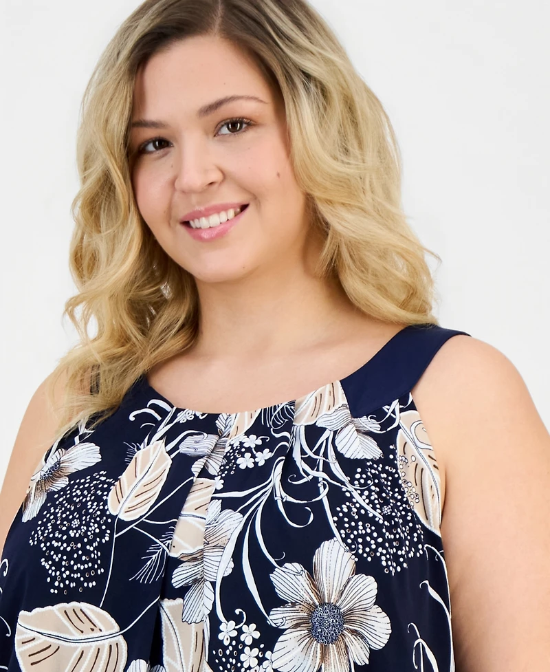 Robbie Bee Plus Printed Pleat-Neck Sleeveless Dress