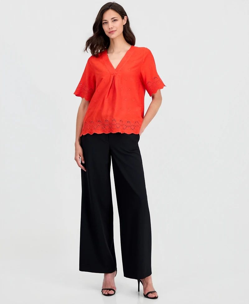 T Tahari Women's Embroidered Eyelet-Hem Top