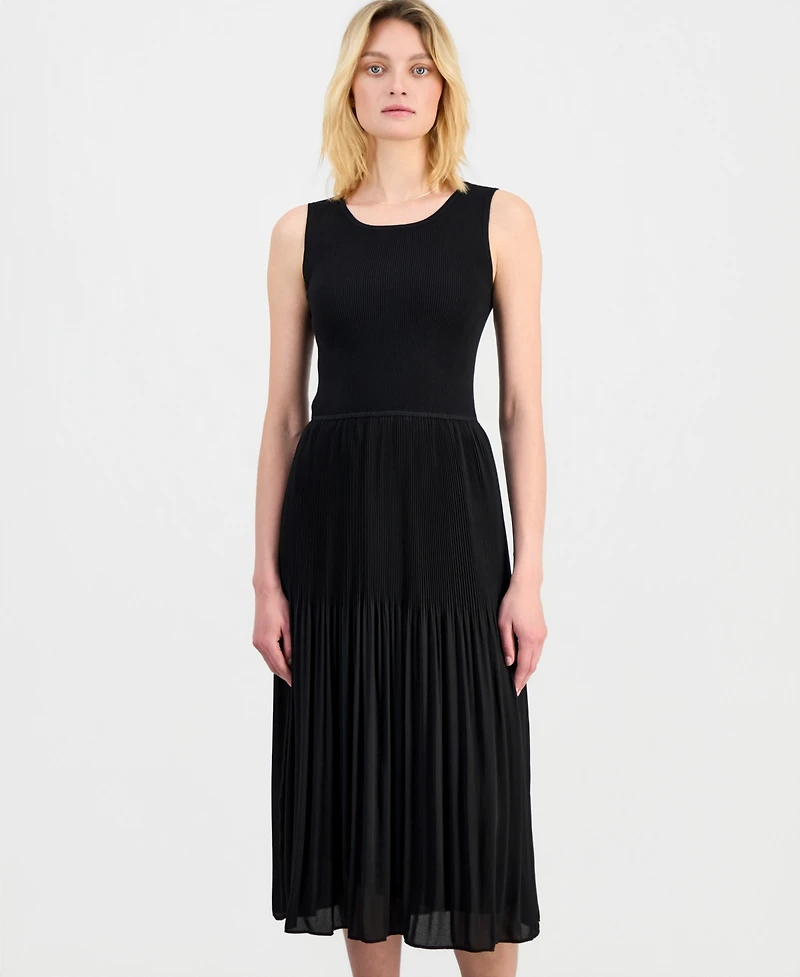 T Tahari Women's Sleeveless Scoop-Neck Mixed Media Dress