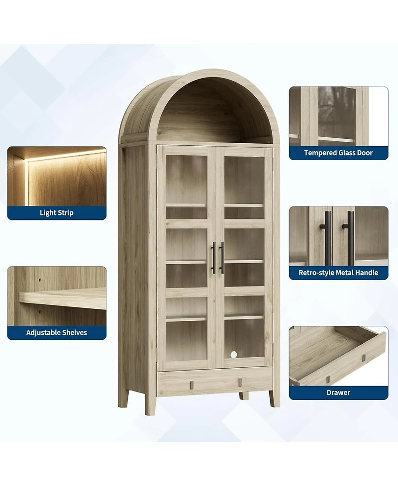 gaomon Tall Arched Kitchen Pantry Cabinet, Modern Farmhouse Kitchen Storage Cabinets with Led Lights, Arched Cabinet with Open & Adjustable Shelves