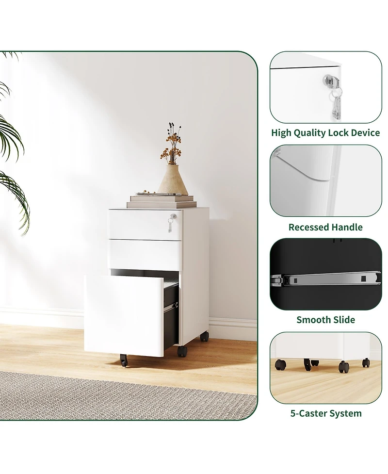 Rainsken 3-Drawer Metal File Cabinet with Lock on Wheels, Rolling Filing Cabinets for Home Office Organizer, Fit Legal/Letter/A4 Size