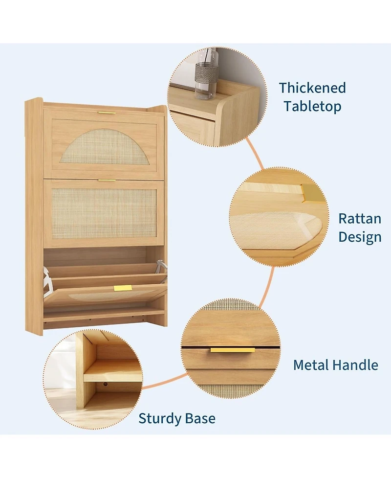 gaomon Rattan Shoe Storage Cabinet Flip Drawers, Free Standing Narrow Shoe Organizer Cabinet with Rattan Doors, Wooden Shoe Rackf