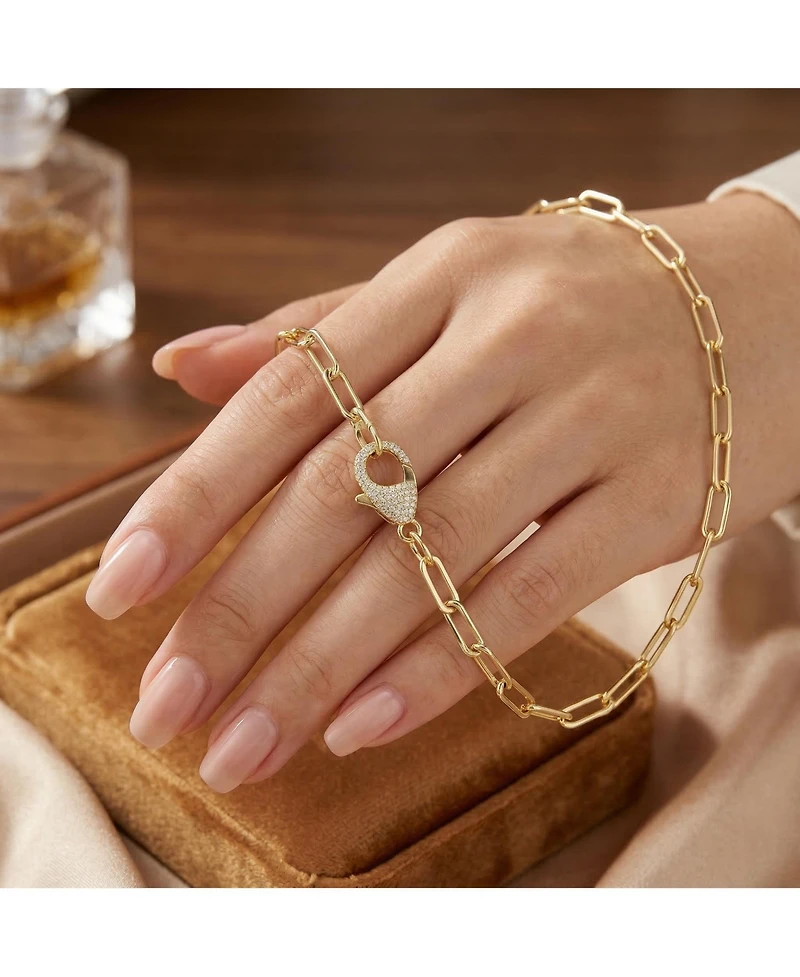 14K Gold Plated Cubic Zirconia Pave Clasp Paperclip Link Necklace