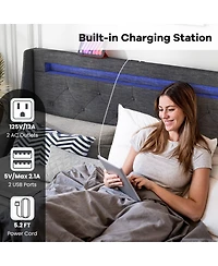 Sugift Queen Size Upholstered Platform Bed Frame with Led Lights and Charging Station