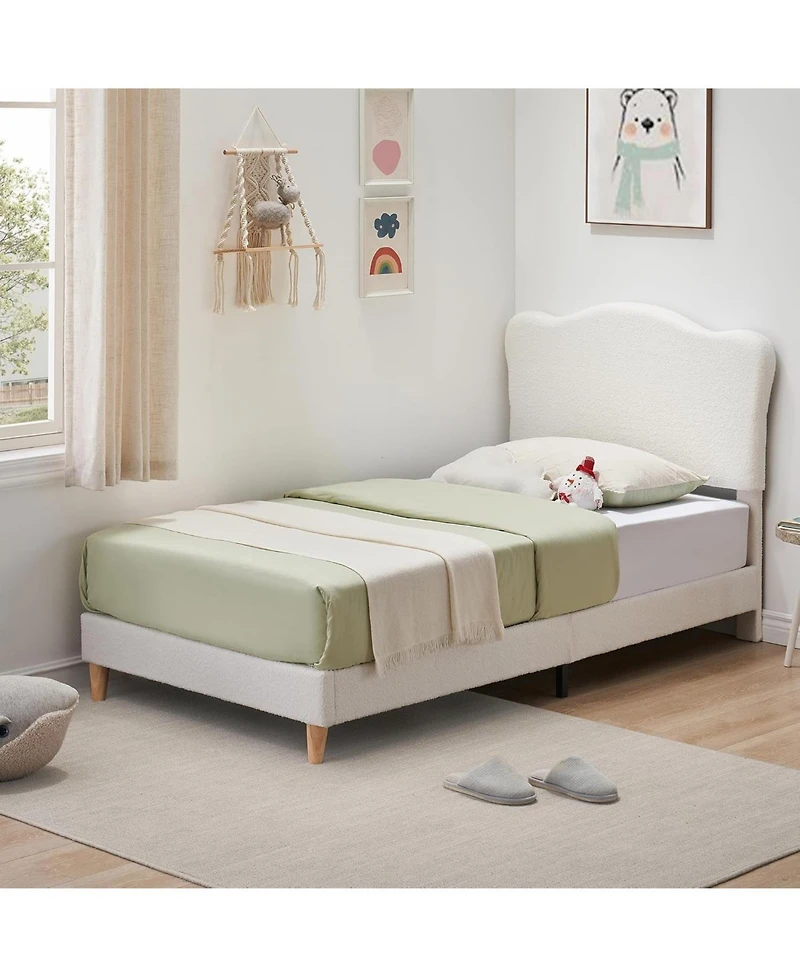 gaomon Upholstered Bed Frame for Kids, Scallop Headboard, Soft Berber Fleece, No Box Spring