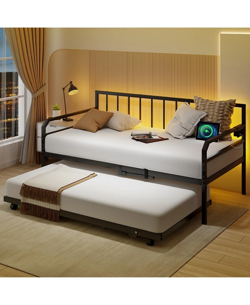 Sugift Adjustable Metal Daybed with Charging Station and Led Light