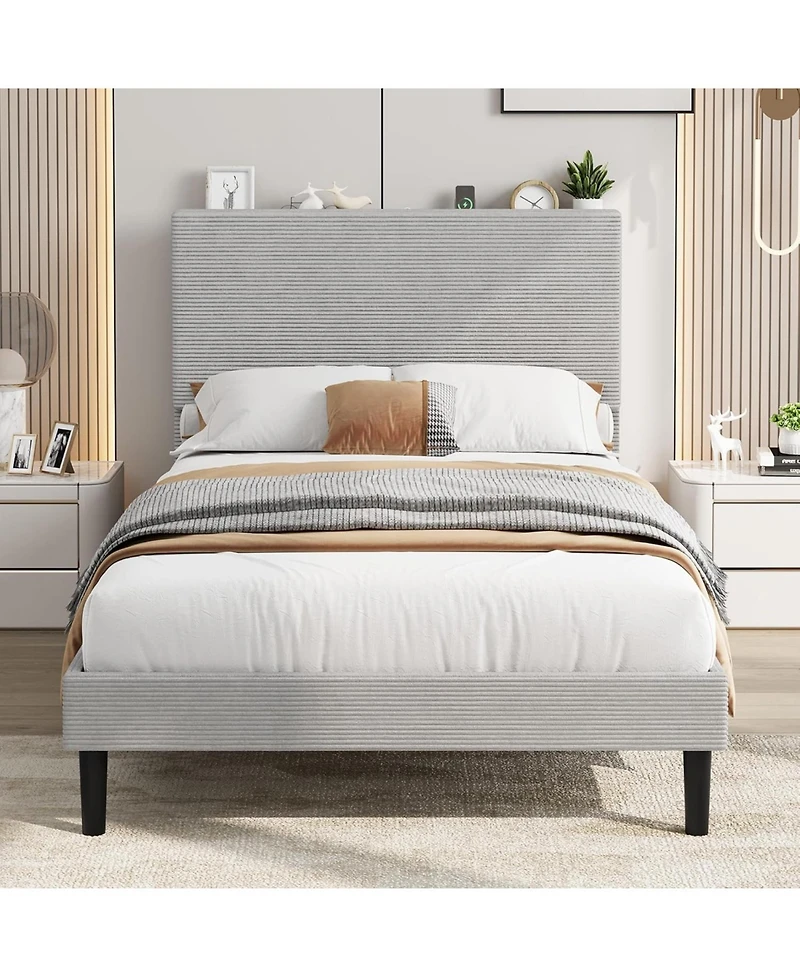 gaomon Bed Frame with Usb Charging Station, Corduroy Upholstered Platform Bed Frame with Adjustable Storage Headboard