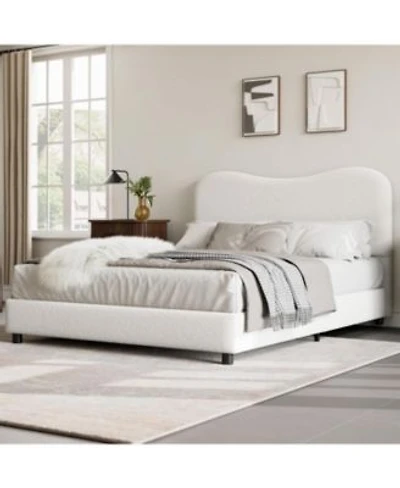 Gaomon Boucle Bed Frame With Upholstered Headboard Soft Low Profile Sturdy Platform Bed With Rounded Corners Design