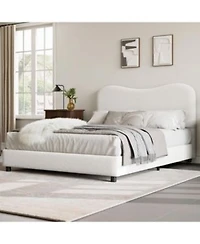 Gaomon Boucle Bed Frame With Upholstered Headboard Soft Low Profile Sturdy Platform Bed With Rounded Corners Design