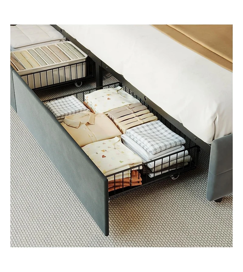 gaomon Bed Frame with 2 Storage Drawers, Upholstered Full Led Light, Double-Layer Bedside Headboard Charging Socket