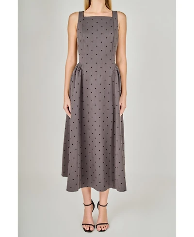endless rose Women's Square Neck Polka Dot Gathered Waist Midi Dress