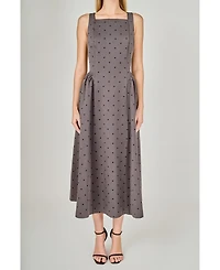 endless rose Women's Square Neck Polka Dot Gathered Waist Midi Dress