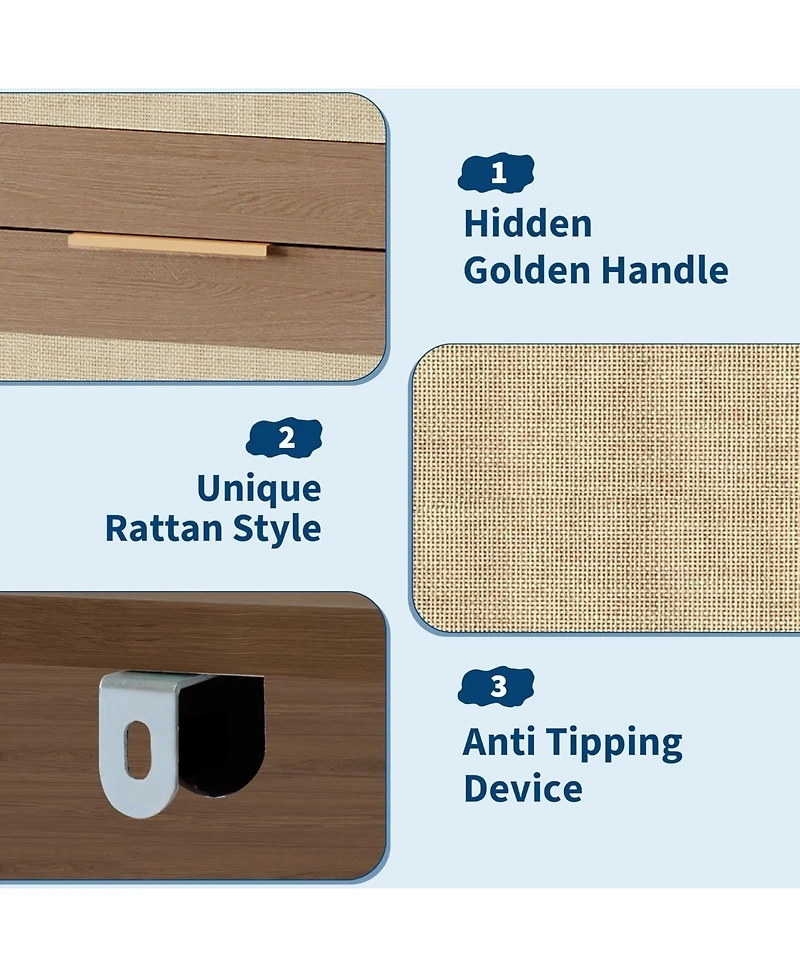 gaomon Rattan 5 Drawers Dresser for Bedroom, Chest of 46 Tall Closet, Boho Night Stand Large Clothes Living Room