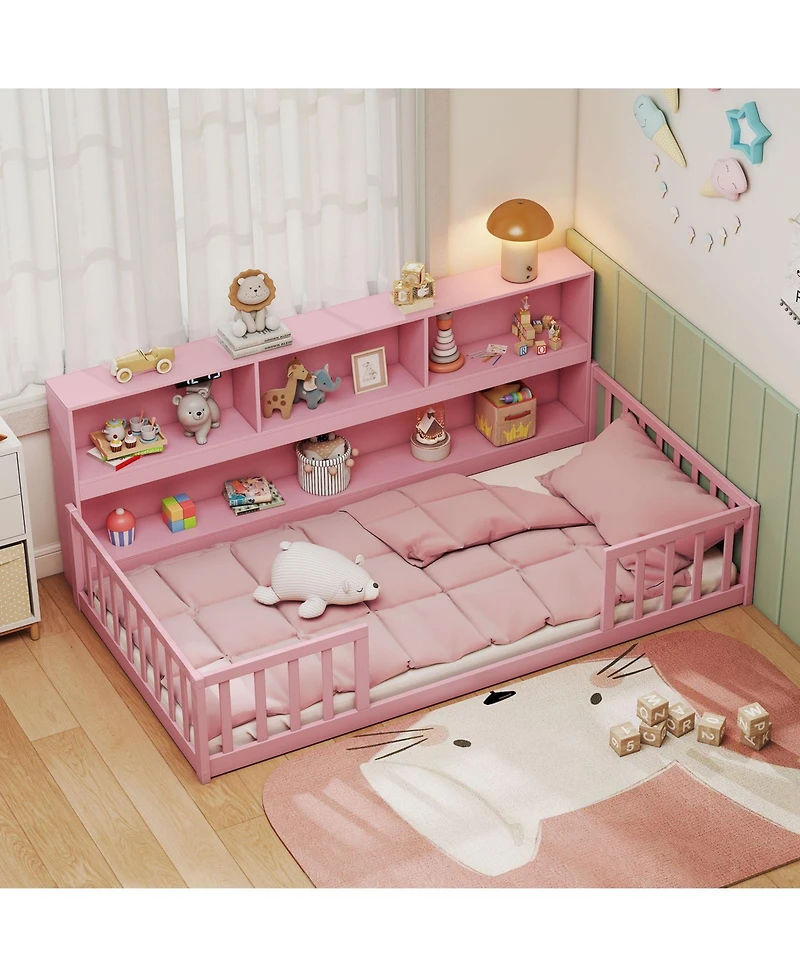 Slickblue Twin Montessori Floor Bed with Bookcase Storage