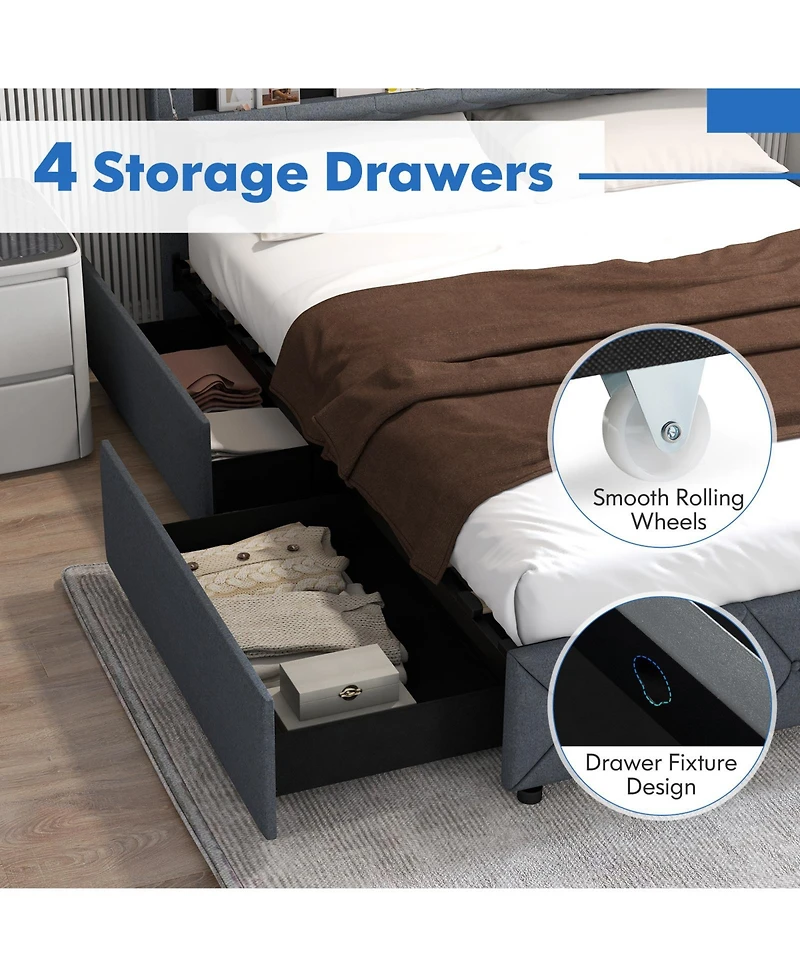 Sugift Queen Size Bed Frame with Adjustable Storage Headboard and Wooden Slat Support