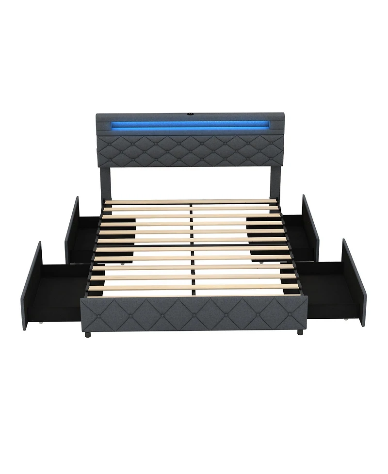 Sugift Queen Size Bed Frame with Adjustable Storage Headboard and Wooden Slat Support