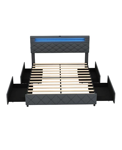 Sugift Queen Size Bed Frame with Adjustable Storage Headboard and Wooden Slat Support