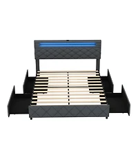 Sugift Queen Size Bed Frame with Adjustable Storage Headboard and Wooden Slat Support