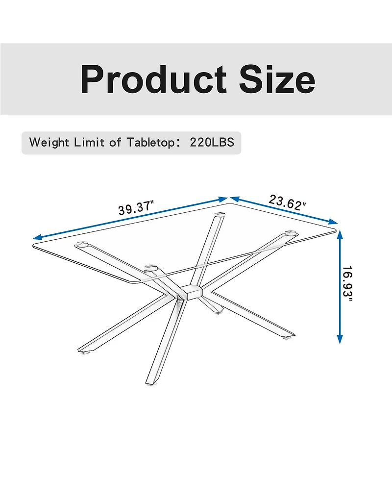 Rainsken Rectangular Clear Tempered Glass Coffee Table with Adjustable Feet and Metal Legs for Living Room