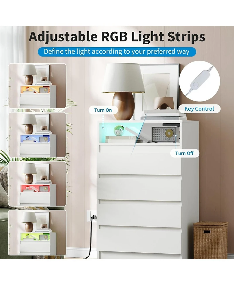 gaomon 8 Drawer Dresser with Usb Charging Station, Led Lights & Power Outlet - Modern Storage Cabinet for Bedroom, Living Room