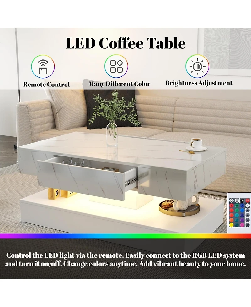 Rainsken Led Coffee Table, Modern Living Room Table, 2-Tier Center Table with Storage Drawer for Home Office, Waiting Area, Reception Room