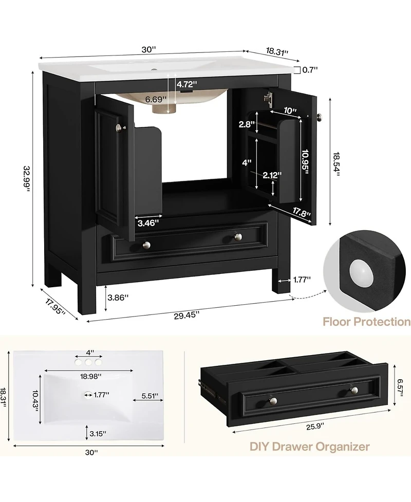 Tribesigns 30" Modern Bathroom Vanity with Sink, Bathroom Sink Cabinet with 2 Doors and 1 Drawer, Solid Wooden Frame, White