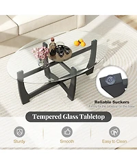 Sugift Oval Coffee Table with Tempered Glass Tabletop and Rubber Wood Legs