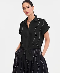I.n.c. International Concepts Petite Rhinestone Short-Sleeve Collared Top, Macy's Exclusive
