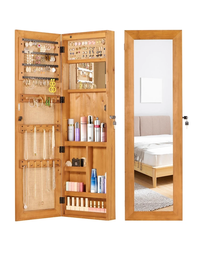 flynama Solid Wood Jewelry Armoire Organizer Cabinet with Full Length Mirror Wall Mounted Lockable with Led Light