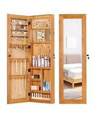 flynama Solid Wood Jewelry Armoire Organizer Cabinet with Full Length Mirror Wall Mounted Lockable with Led Light