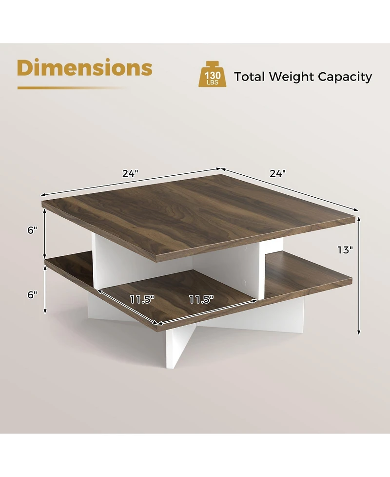 Sugift 2-Tier Square Coffee Table with 4 Storage Compartments-Walnut