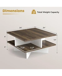 Sugift 2-Tier Square Coffee Table with 4 Storage Compartments-Walnut