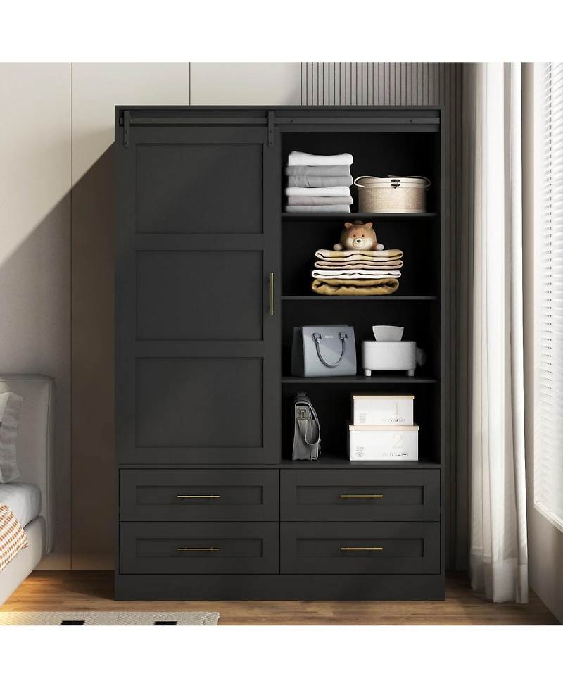 flynama Tall Bedroom Armoire Wardrobe Closet with Hanging Rod Barn Door Drawers and Open Shelves Clothing Storage Cabinet