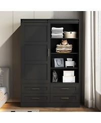 flynama Tall Bedroom Armoire Wardrobe Closet with Hanging Rod Barn Door Drawers and Open Shelves Clothing Storage Cabinet
